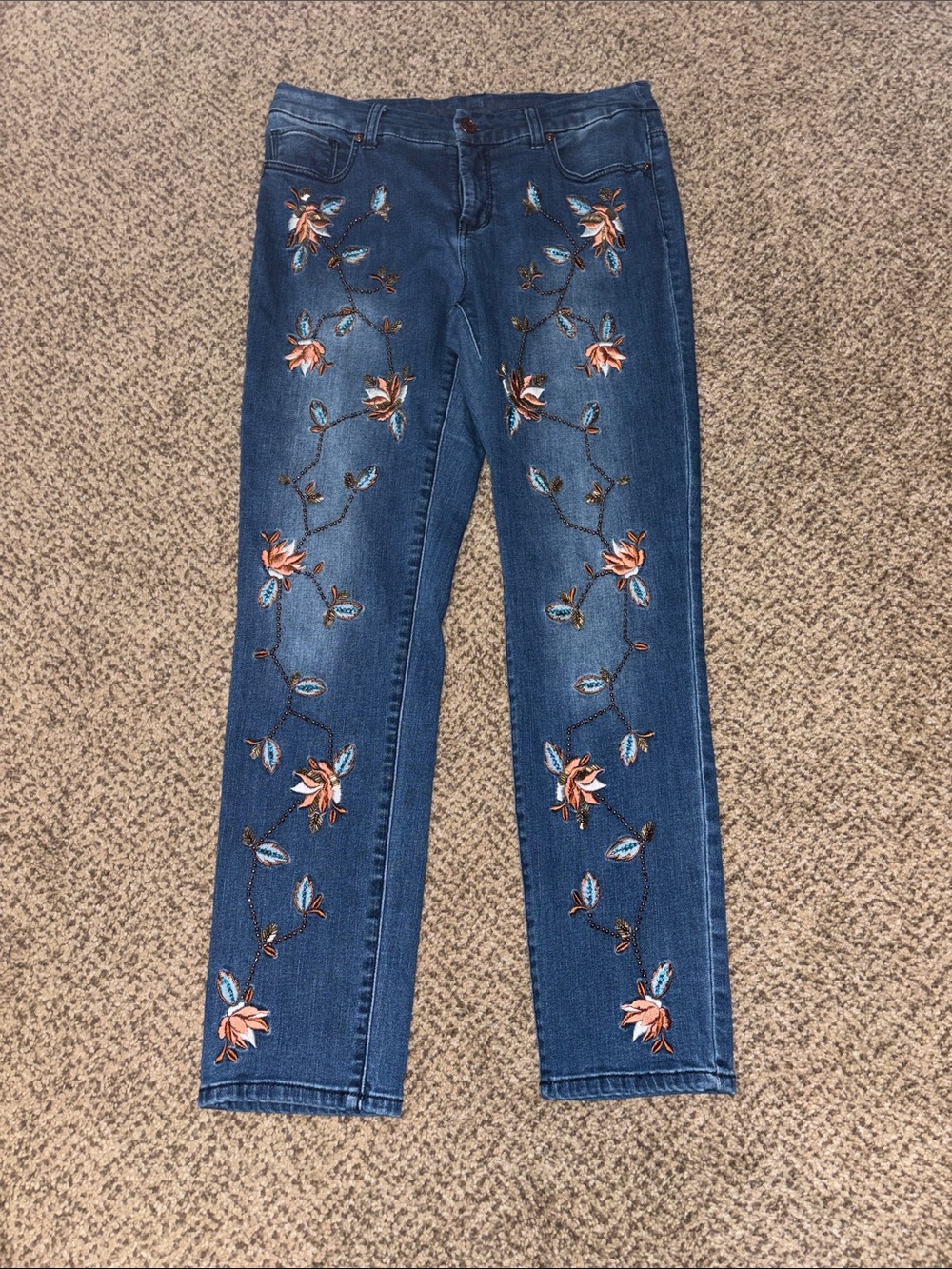 Chico’s Girlfriend Ankle Jeans with Orange Floral Embroidery 00 4
